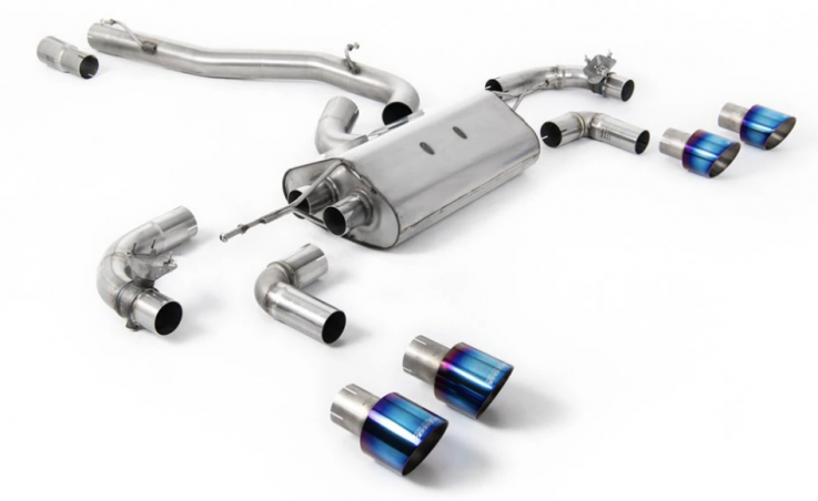 80mm Klapkový catback výfuk VW Golf 7.5 R 2.0 TSI (facelift 2017->) Milltek Sport - Hlasitější / Pálené/modré titanové kulaté koncovky