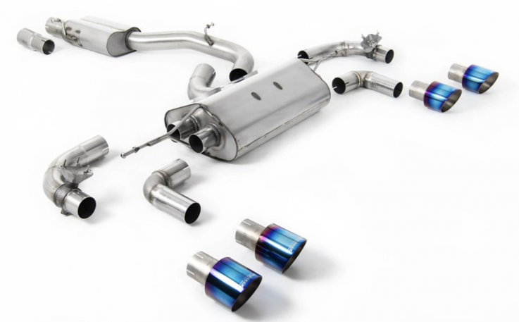 80mm Klapkový catback výfuk VW Golf 7.5 R 2.0 TSI (facelift 2017->) Milltek Sport - Tišší / Pálené/modré titanové kulaté koncovky