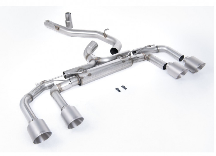 Catback výfuk bez klapek 80mm VW Golf R Mk8 2.0 TSI OPF/GPF Milltek Sport - Hlasitější / broušené titanové kulaté koncovky