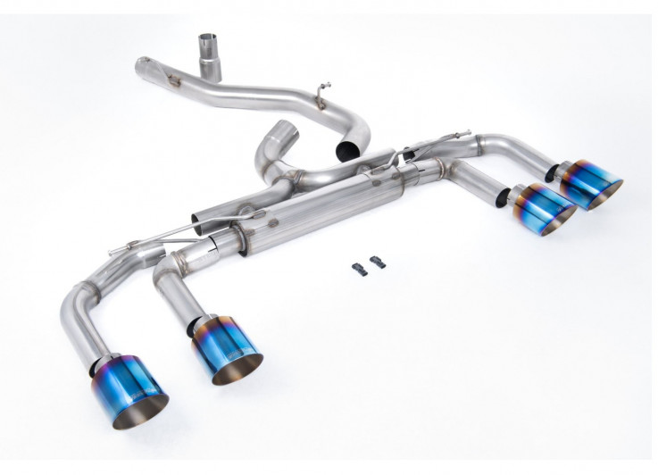 Catback výfuk bez klapek 80mm VW Golf R Mk8 2.0 TSI OPF/GPF Milltek Sport - Hlasitější / pálené titanové kulaté koncovky