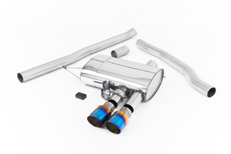 Catback výfuk Mini Cooper S (F56) 2.0 Turbo Milltek Sport – Hlasitější / Titanové modré koncovky / s klapkami (ovládání dálkovým ovladačem)