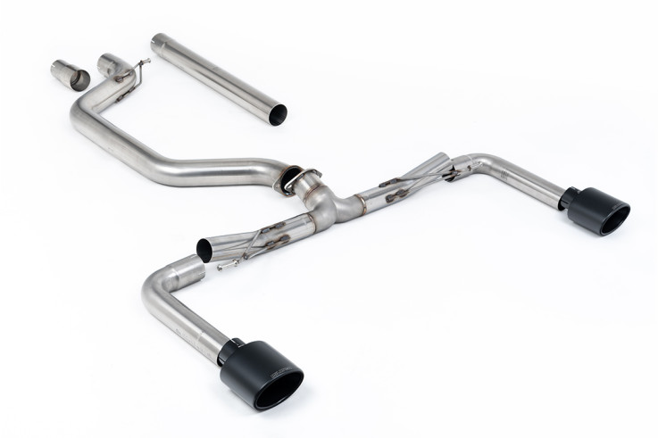 Race verze 80mm OPF/GPF Back Exhaust pro Volkswagen Golf GTI Mk8, MK8.5 (včetně clubsport) 2.0 TSI, OE+ Clubsport černé oválné koncovky – vyžaduje zadní Clubsport difuzor