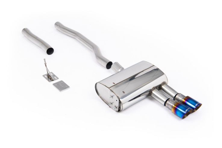 Milltek Sport OPF/GPF Back výfuk Mini Cooper S (F56) 2.0 Turbo – pálenými/modrými titanovými koncovkami – EC Approved (vyžaduje řezání OE výfuku, pouze pro vozy se 70mm OE systémem)