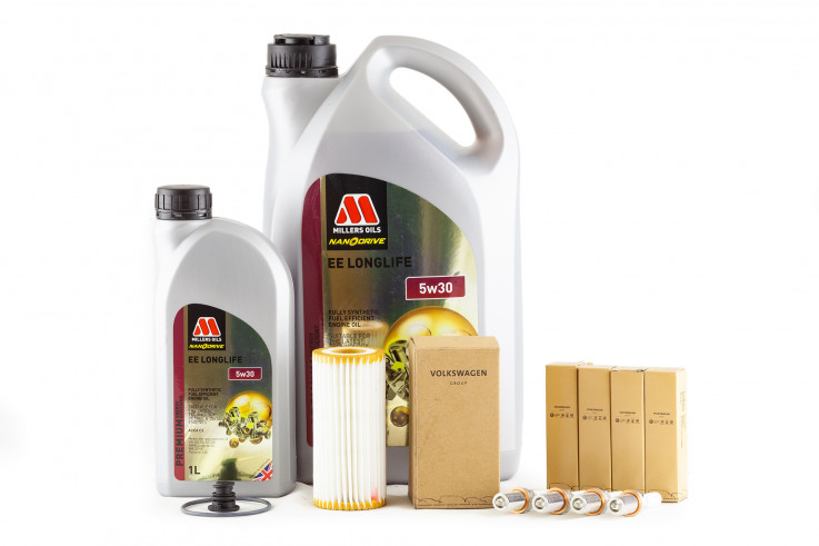 Servisní set pro neupravený motor Millers Oils 5w30, zapalovacích svíček a originálního olejového filtru pro 1,8 & 2.0 TSI 162/169kW